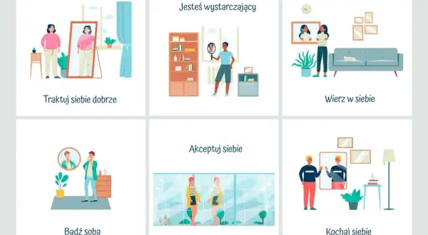 Ilustracje pokazują, jak pokonać brak pewności siebie objawy: traktuj siebie dobrze, bądź sobą, akceptuj siebie, kochaj siebie, wierz w siebie, jesteś wystarczający.