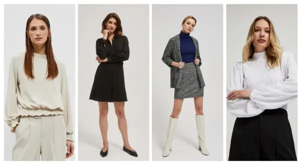 Eleganckie stylizacje dla kobiet. Kremowy komplet, czarna sukienka, tweedowy zestaw i biała bluzka z czarnymi spodniami – idealne na biznesowy dress code.