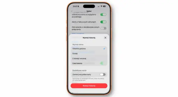 iPhone: czyszczenie pamięci podręcznej Safari. Wybierz zakres danych do usunięcia, np. ostatnią godzinę, dzisiaj lub całą historię.