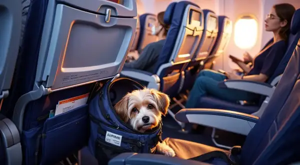 Un adorable chien dans son sac de transport, prêt à voyager en cabine avec une compagnie aérienne qui accepte les chiens.