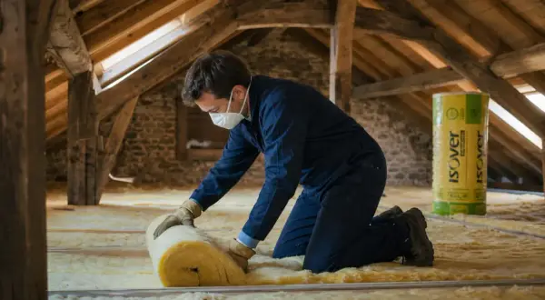 Un ouvrier installe un isolant jaune dans un grenier. Le rouleau d'isolant et la mention "prix isolation toiture" sur le produit suggèrent une rénovation pour améliorer le confort thermique.