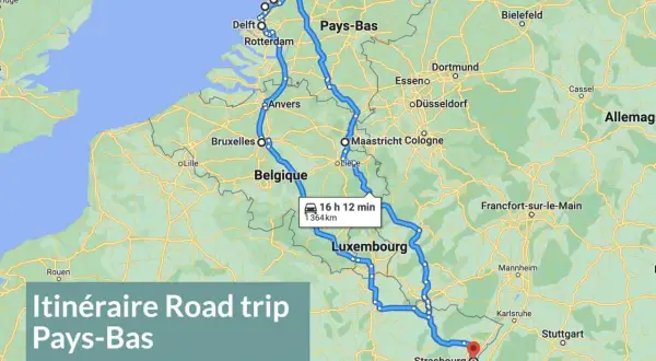 Carte d'un road trip incontournable aux Pays-Bas, traversant la Belgique et le Luxembourg, avec un itinéraire de 1364 km.