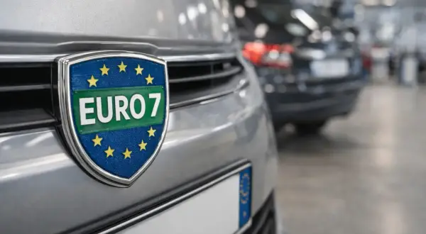 Emblemat EURO 7 na grillu samochodu, symbolizujący nowe, czystsze normy emisji spalin.