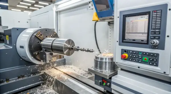 Precyzyjne szlifowanie płaszczyzn metalowego wałka na nowoczesnej maszynie CNC. Wióry metalu wirują wokół obrabianego elementu.