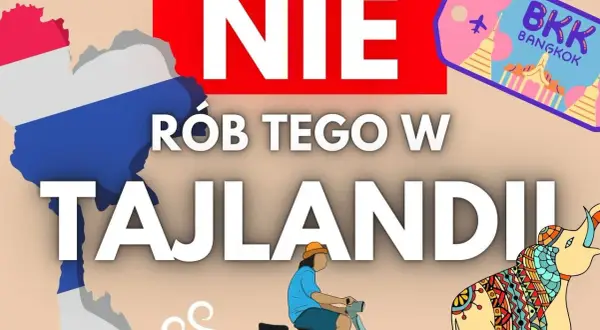 Mapa Tajlandii, napis "NIE RÓB TEGO W TAJLANDII", słonie i skuter. Poznaj zasady, czego nie wolno w Tajlandii, by uniknąć kłopotów.
