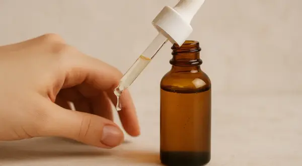 Kwas traneksamowy na twarz: kropla serum z pipety spada do brązowej buteleczki.