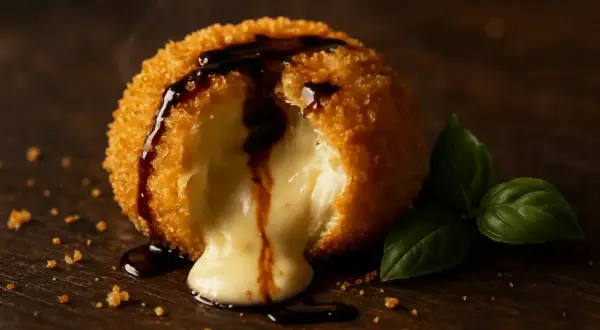 Burrata panée dégoulinant de fromage fondant, nappée de sauce et garnie de basilic frais sur fond de bois sombre.