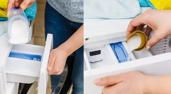Differenza tra detersivo a mano e lavatrice: polvere nel cassetto della lavatrice e liquido versato da un misurino.