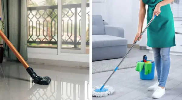 Aspirateur sur un carrelage rugueux, puis une personne lavant le sol avec une serpillère.