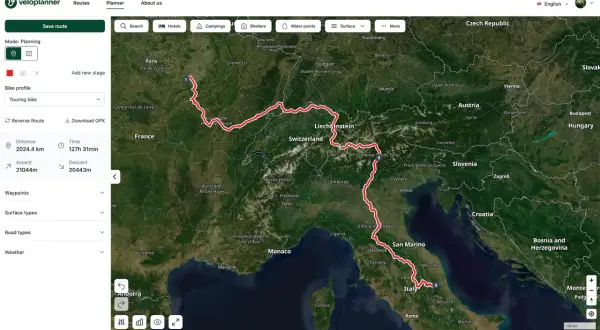 Planowanie trasy rowerowej przez Europę, od Francji przez Szwajcarię po Włochy. Długość 2024 km, czas 127h.