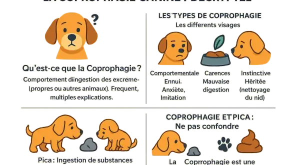 Illustration expliquant la coprophagie canine. Un chien mange ses crottes, un comportement aux multiples causes.