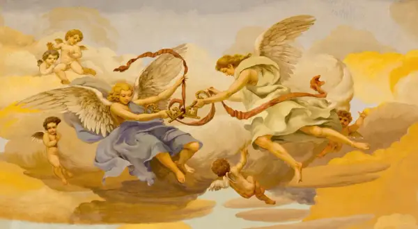 Engel mit Flügeln und goldenen Schlüsseln, umgeben von Wolken. So sehen Engel aus, wie sie in dieser Malerei dargestellt sind.