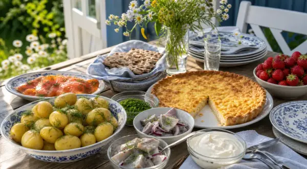 En härlig midsommar buffé med sill, lax, färskpotatis, paj, jordgubbar och knäckebröd dukas upp utomhus.