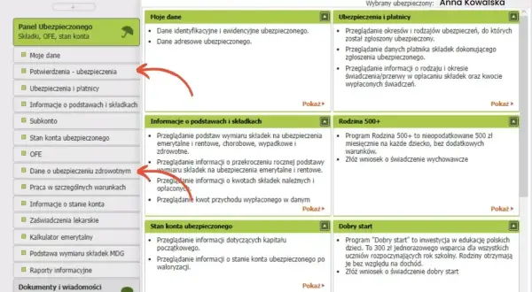 Panel Ubezpieczonego ZUS Anny Kowalskiej, zakładka "Ubezpieczony" pokazuje dane o składkach, świadczeniach i programach jak Rodzina 500+.