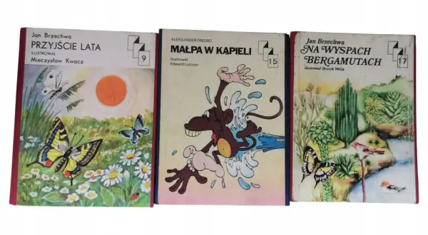 Trzy książki Jana Brzechwy: "Przyjście lata", "Małpa w kąpieli" i "Na wyspach bergamutach".