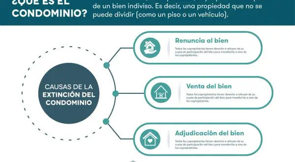 Causas de la extinción del condominio: renuncia, venta o adjudicación del bien.