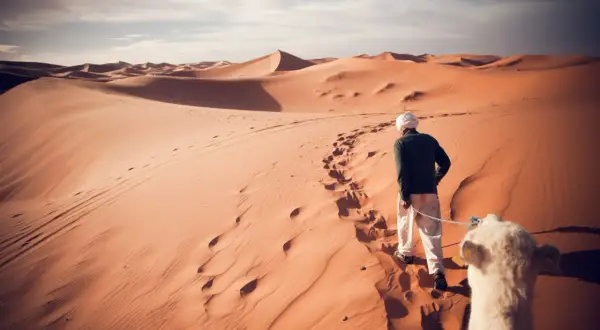 Un homme en tenue traditionnelle mène un chameau sur les dunes du désert marocain. Un trek inoubliable.