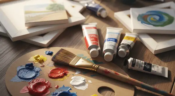 Palette de peinture huile murale avec des tubes de couleurs vives, un pinceau et des toiles vierges.
