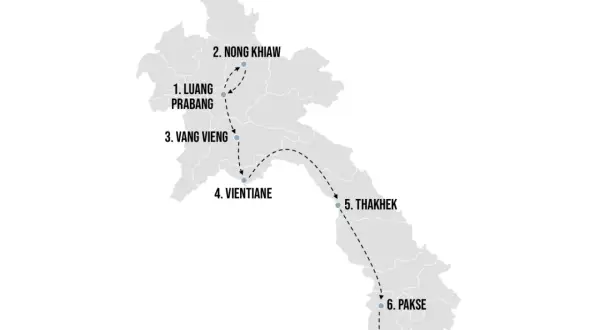 Karte mit einer vorgeschlagenen Laos Reiseroute: Luang Prabang, Nong Khiaw, Vang Vieng, Vientiane, Thakhek, Pakse, Don Det.