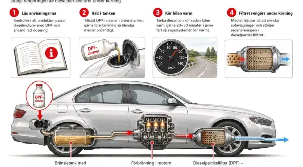 Illustration visar hur DPF-cleaner används för att minska sot och stödja regenerering av dieselpartikelfilter under körning.