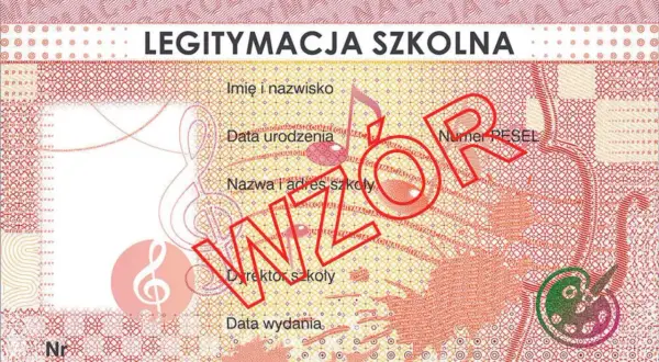 Legitymacja szkolna z polami na dane, nutami i znakiem wodnym "WZÓR".
