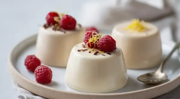 Tre krämiga pannacottor med hallon och citronskal. Ett enkelt pannacotta recept för en elegant dessert.