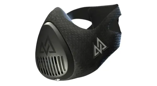 A black high elevation mask with a textured surface and a silver logo. It features a vented front and adjustable straps.