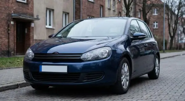 Ciemnoniebieski samochód stoi na brukowanej ulicy przed kamienicą.