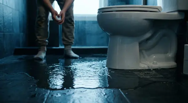 Ein Mann steht im überfluteten Badezimmer. Wasser quillt aus dem Sockel der Toilette, ein Zeichen für einen verstopften Abflussrohr in der Wand.