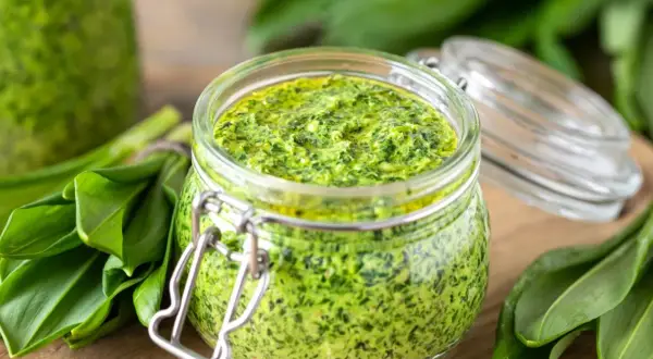 Słoik pełen aromatycznego pesto z czosnku niedźwiedziego, otoczony świeżymi liśćmi tej wiosennej rośliny.