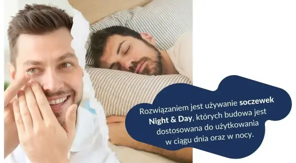 Mężczyzna zakłada soczewkę, a drugi śpi. Czy można spać w soczewkach? Tak, z Night & Day.