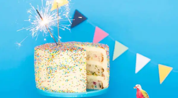 En festlig funfetti tårta med stjärnljus och en färgglad fågeldekoration. Perfekt för ett kalas!