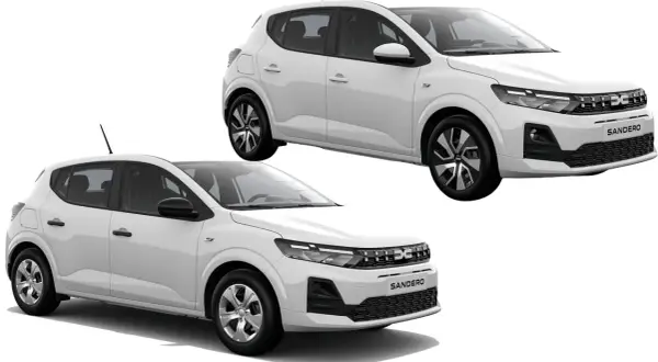 Dwie białe, nowa Dacia Sandero, prezentują nowoczesny design z charakterystycznym grillem i światłami LED.