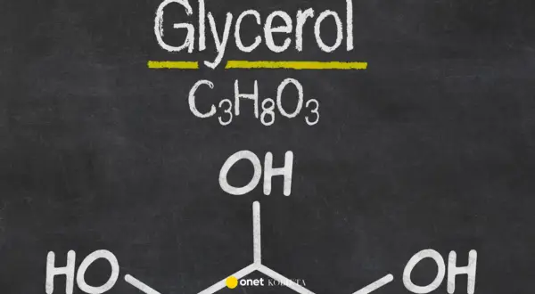 Struktura chemiczna glicerolu: C₃H₈O₃ z trzema grupami hydroksylowymi (OH).