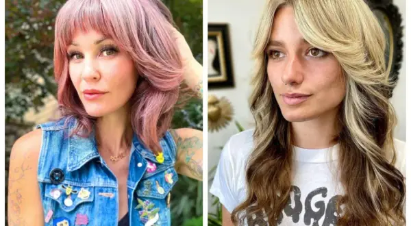 Dwie kobiety z modnymi fryzurami shag cut: jedna z różowymi włosami i grzywką, druga z blond pasemkami.