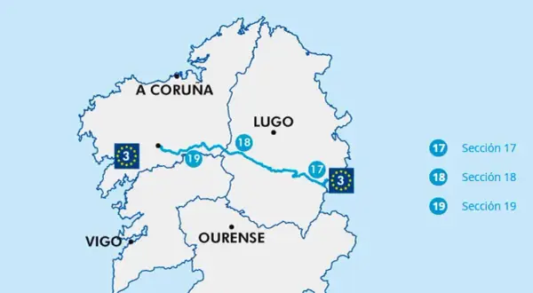 Mapa de Galicia con la ruta EuroVelo 3 atravesando A Coruña, Lugo y Ourense, con secciones 17, 18 y 19 marcadas.