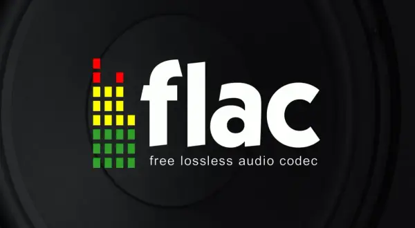 FLAC vs MP3: logo FLAC z wizualizacją dźwięku na tle głośnika. Wybierz jakość bez strat.