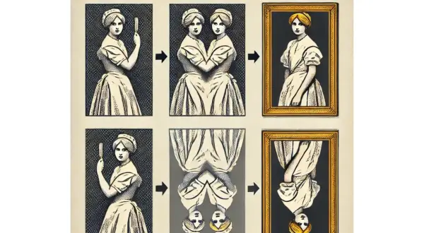 Ilustracja pokazuje transformacje obrazu kobiety: odbicie lustrzane, odwrócenie i obrót.