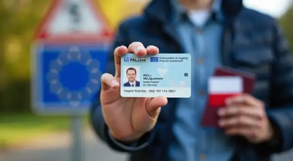 Mężczyzna pokazuje dowód osobisty, trzymając paszport. Czy do Francji trzeba paszport? W UE często wystarczy dowód.