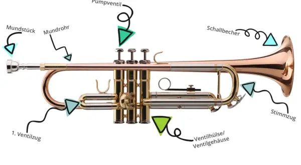 Detailaufnahme einer Trompete mit Beschriftung der einzelnen Teile wie Mundstück, Mundrohr, Pumpventil, Schallbecher, Stimmzug, 1. Ventilzug und Ventilgehäuse.