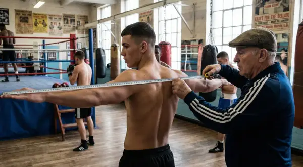 A coach measures a boxer's reach in a gym, a crucial step in how reach is measured in boxing.