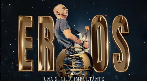 Eros Ramazzotti mit Gitarre, umgeben von goldenen Buchstaben und einer Weltkugel. Ankündigung der Eros Ramazzotti Tour 2026.