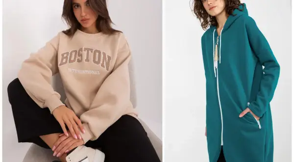 Dwie modne bluzy: beżowa z napisem "Boston" i długa, rozpinana w kolorze turkusowym. Idealne na co dzień.