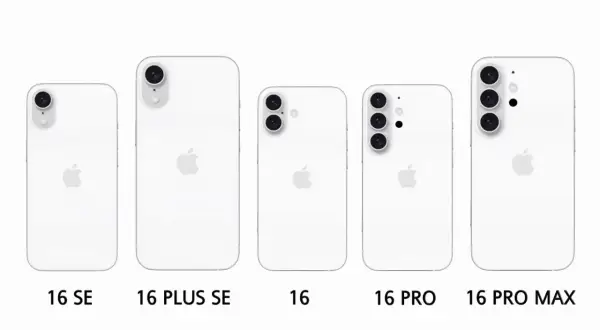 Porównanie modeli iPhone 16: SE, Plus SE, 16, Pro i Pro Max. Różnice w wymiarach i układzie aparatów.