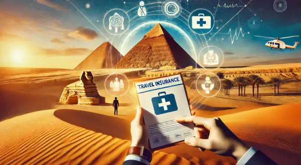 Ubezpieczenie turystyczne Egipt: ręce trzymają dokument "Travel Insurance" na tle piramid i Sfinksa. Wokół symbole medyczne i pomoc.