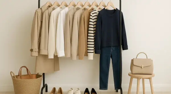 Un armario cápsula mujer con prendas neutras: gabardina, jerséis, camisa, vaqueros, zapatillas y bolsos.