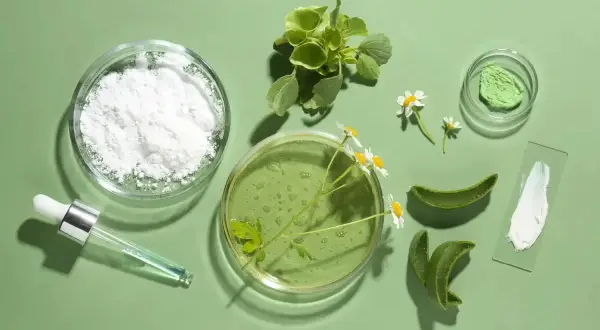 Składniki do domowego peelingu z sody: biały proszek, zielony żel, aloes, rumianek i krople.