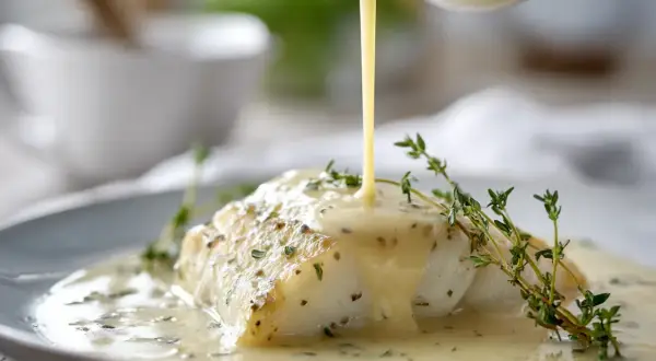En bit vit fisk serveras med en krämig vitvinssås till fisk, garnerad med färsk timjan.
