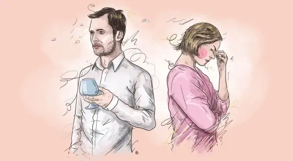 Ilustracja pary: mężczyzna z kieliszkiem, kobieta z ręką na czole, na tle w kolorze brzoskwiniowym.