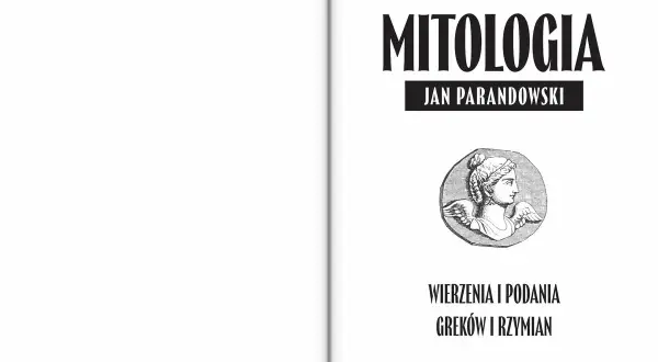 Okładka książki "Mitologia" Jana Parandowskiego z wizerunkiem skrzydlatej głowy.